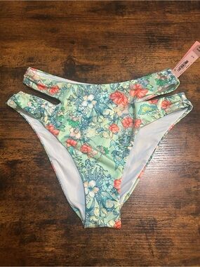 Victoria’s Secret Floral High-Cut Bikini Bottom - Mint with Coral Accents SMALL
